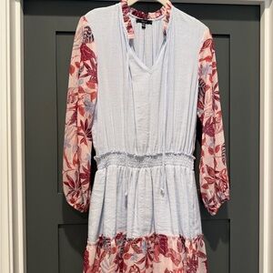 DREW Blue and Red Floral Long Sleeve Dress